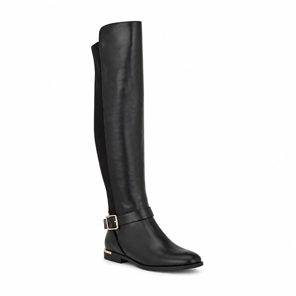 Nine Andone West Black Over The Knee Boots Gold Buckle Stretch Minimalist 9.5